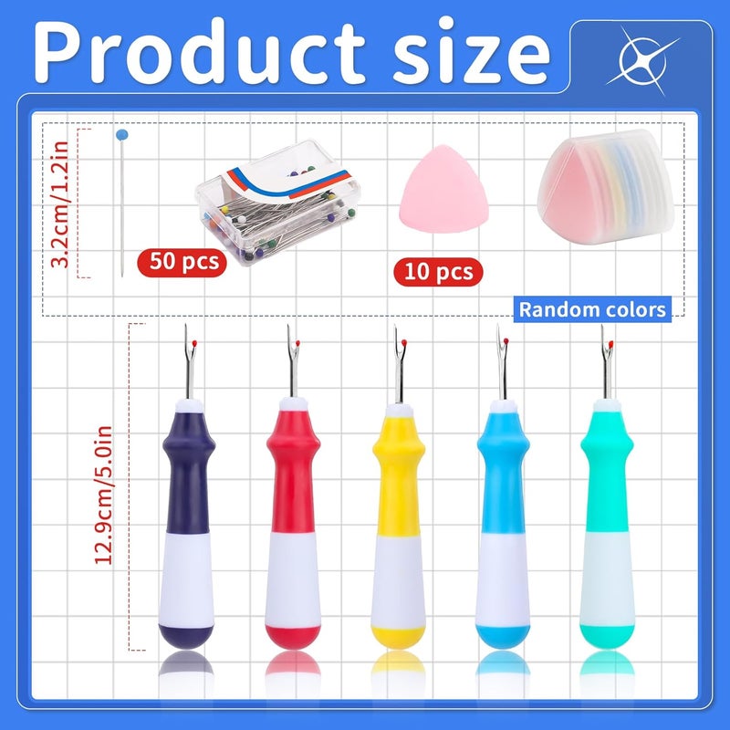 SOCNITC 65 PCS Seam Ripper Thread Cutter Stitch Remover Kit, Ergonomic Grip Seam Ripper Set, Colorful Large Thread Stitch Remover Tool with Tailors Chalks, Handy Stitch Rippers for Sewing Crafting Removing - Image 2